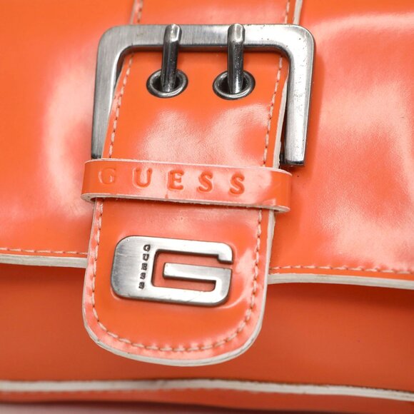 Vintage Guess Y2K Mini Baguette Shoulder Bag Orange Faux Leather White Trim - Picture 8 of 15
